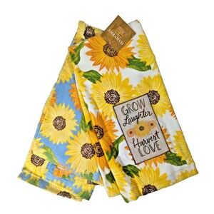 Grow Laughter Harvest Love Kitchen Towels Floral Sunflowers Applique Cotton 2-Pc